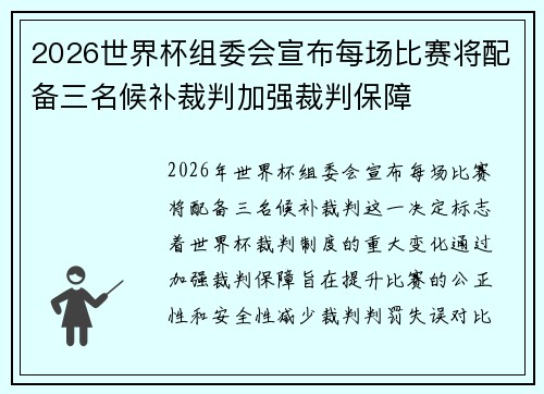2026世界杯组委会宣布每场比赛将配备三名候补裁判加强裁判保障