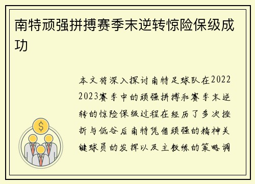 南特顽强拼搏赛季末逆转惊险保级成功 南特顽强拼搏赛季末逆转惊险保级成功