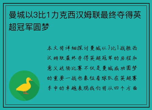 曼城以3比1力克西汉姆联最终夺得英超冠军圆梦