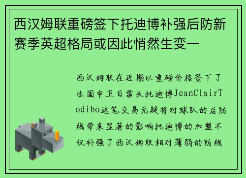 西汉姆联重磅签下托迪博补强后防新赛季英超格局或因此悄然生变一 西汉姆联重磅签下托迪博补强后防新赛季英超格局或因此悄然生变一