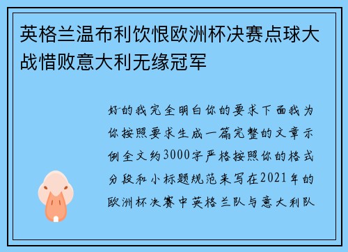 英格兰温布利饮恨欧洲杯决赛点球大战惜败意大利无缘冠军
